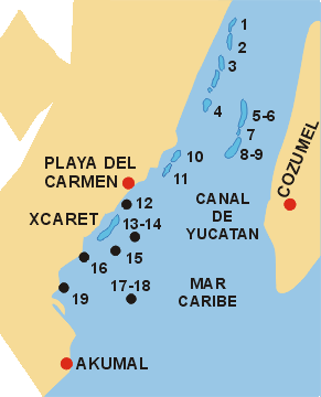 Mappa delle immersioni a Playa del Carmen